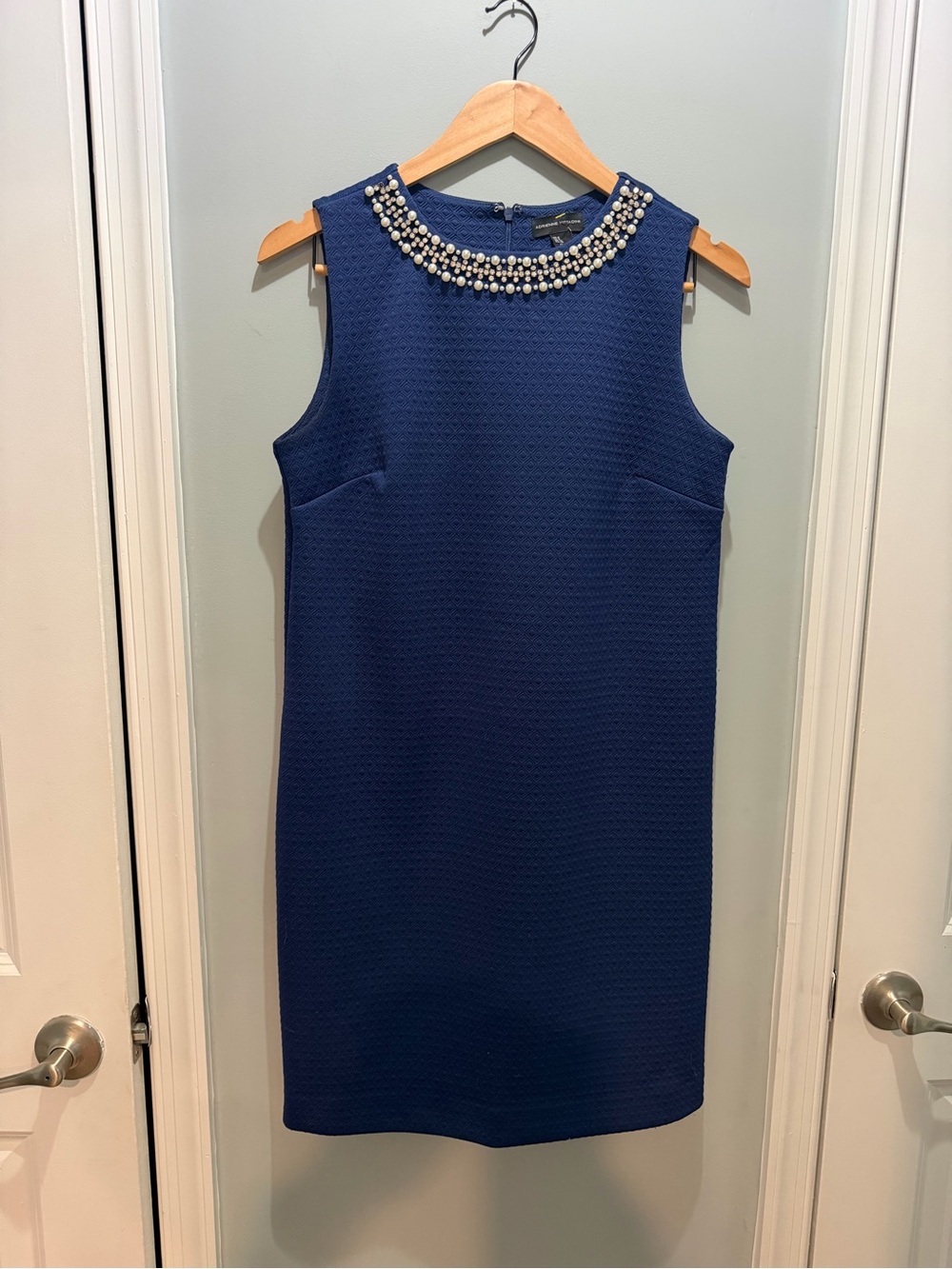Adrienne Vittadini Navy Pearl-Embellished Sleeveless Shift Dress